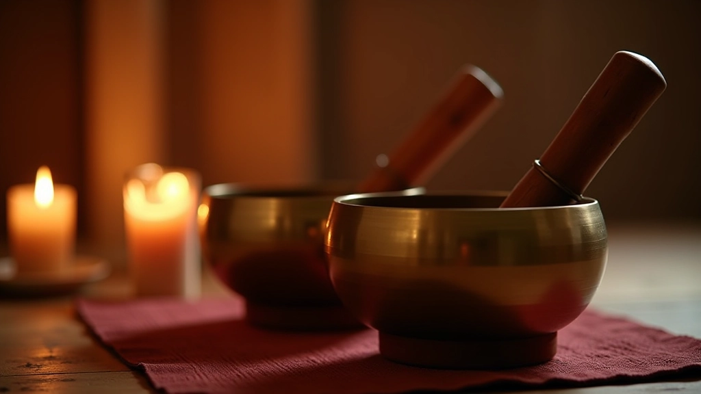 Detailní záběr na tibetské zvukové misky s meditačními prvky