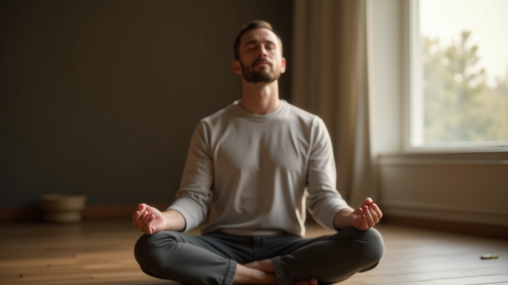 Muž v meditativní pozici s zavřenýma očima, zrádí hluboký klid a relaxaci