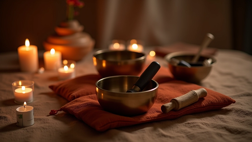 Misky a svíčky v terapeutickém prostoru, připravené na seanci meditace