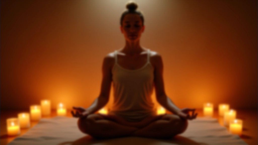Osoba sedí v lotosové pozici během akustické meditace se svíčkami kolem ní