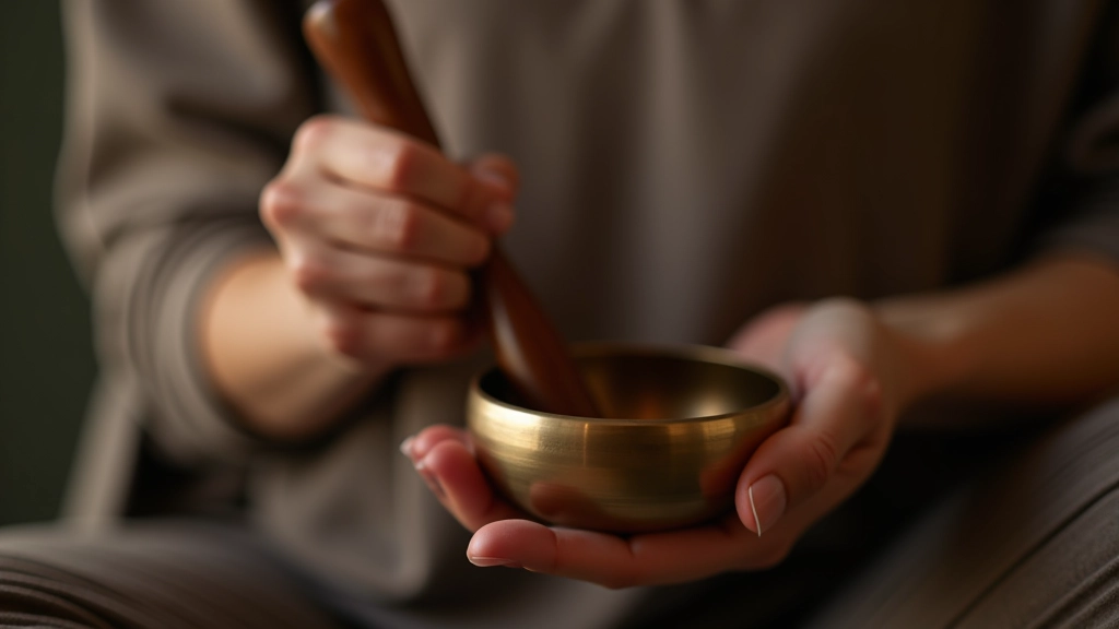 Terapeut drží malou tibetskou misku v ruce a ukazuje správný způsob hry