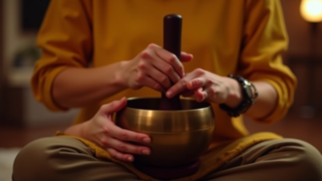 Terapeut hraje na tibetskou misku během relaxační seance v tichém meditačním prostoru