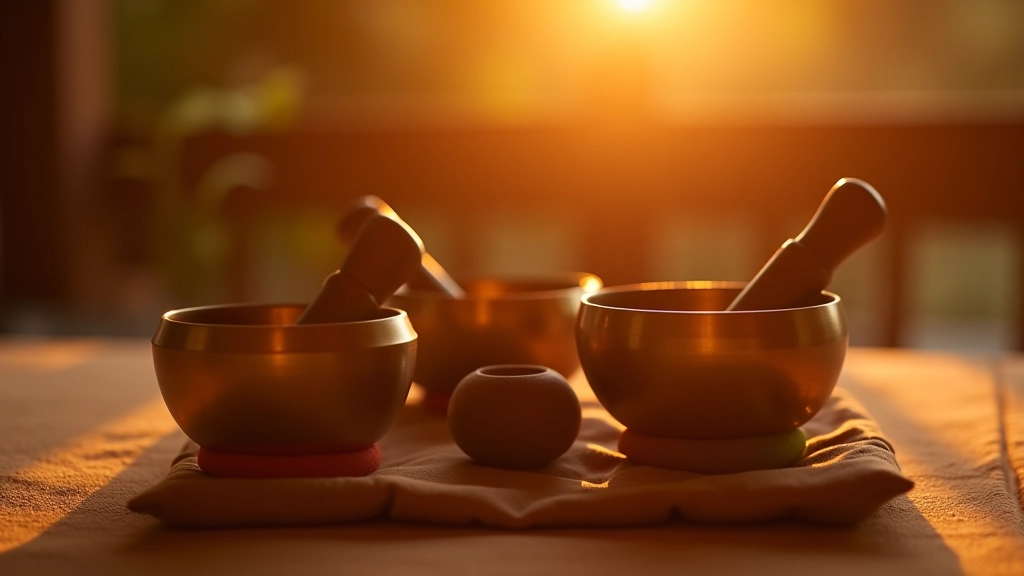 Tibetské zvukové misky v meditačním prostředí s měkkým zlatavým osvětlením