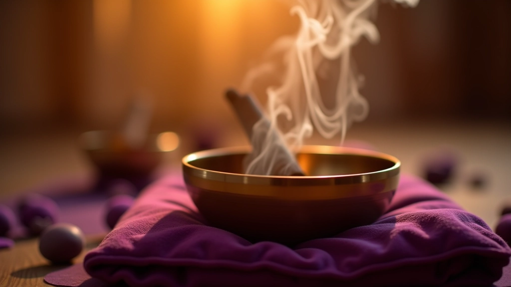 Tibetské zvukové misky na fialovém meditačním polštáři v tichém prostoru